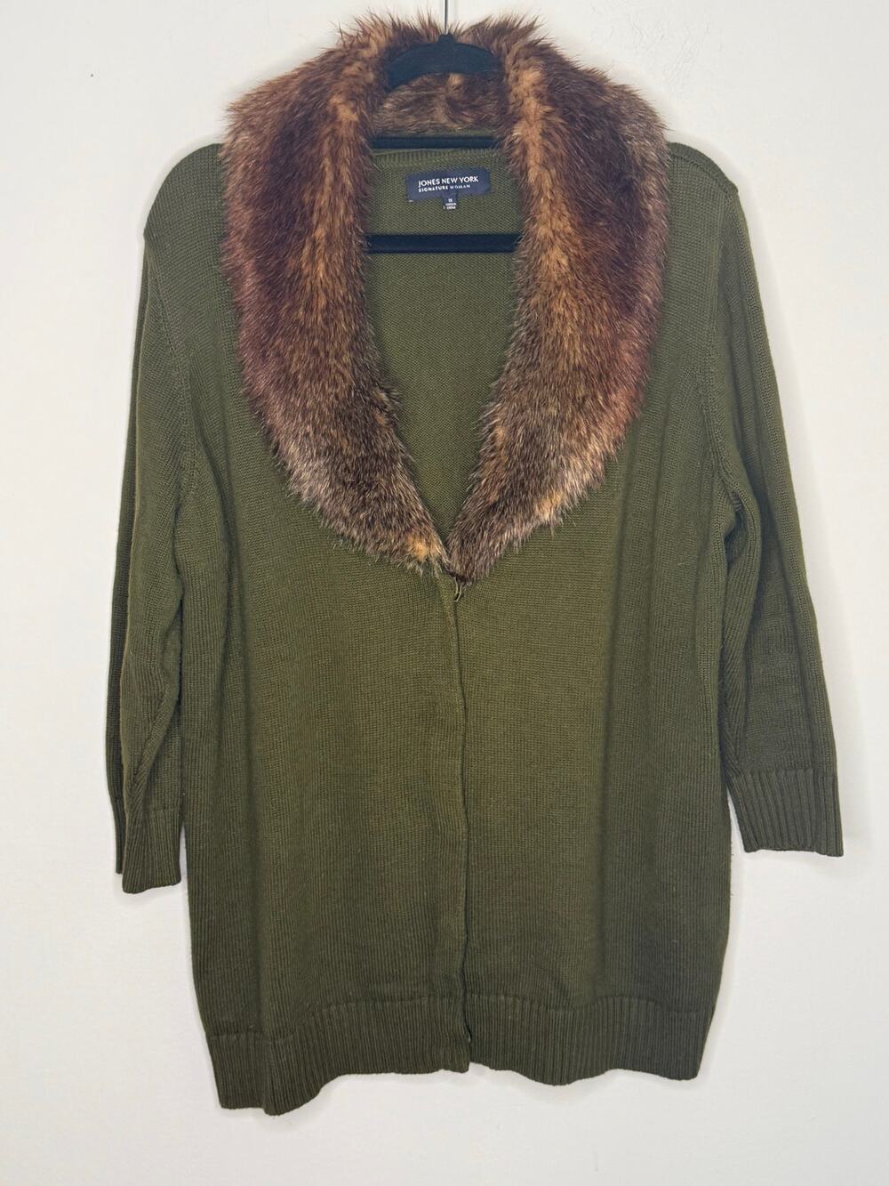 Jones New York Olive Green 3/4 Sleeve Cardigan Detachable Faux Fur Collar 1X